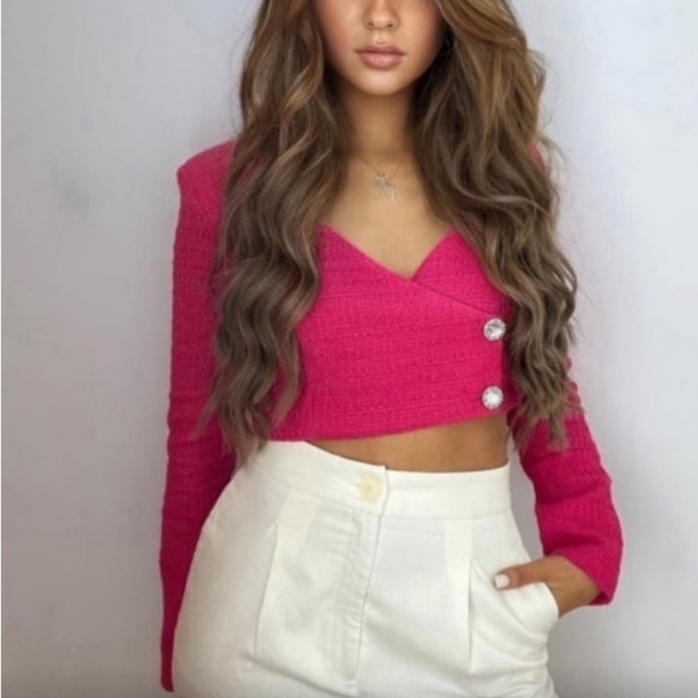 ZARA TWEED CROP TOP BLAZER FUCHSIA